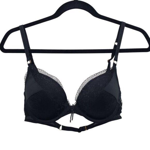 Victoria's Secret Black Lace Panel Double Slide‎ Hook Back Push Up Bra Size 32D - Picture 1 of 5